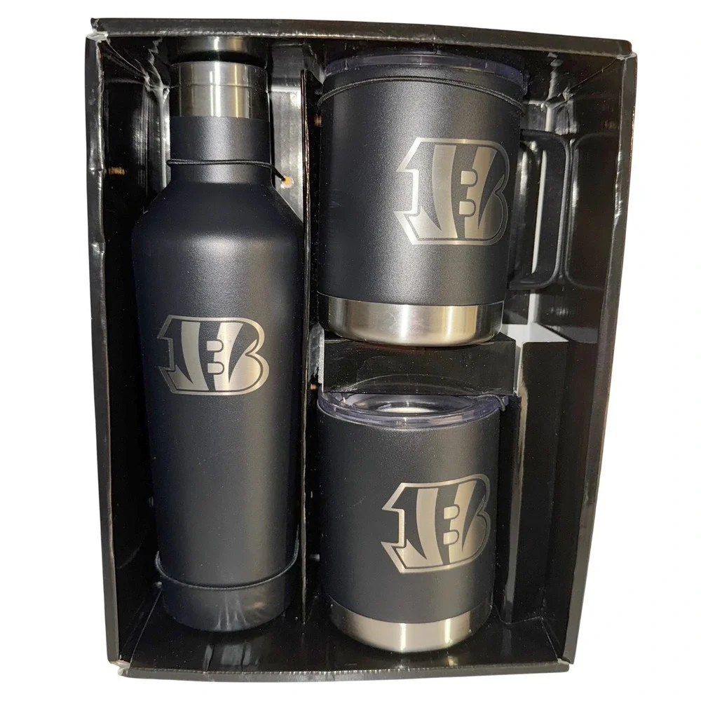 Bengals NFL Bottle + 2 Lowball Glass Set (17oz/12oz) New In Box‎